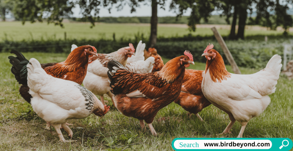 Healthy chickens roaming freely in a spacious and clean farmyard