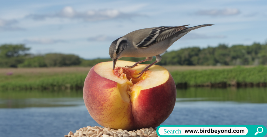 A bird perched on a branch pecking at a ripe peach hanging from a tree