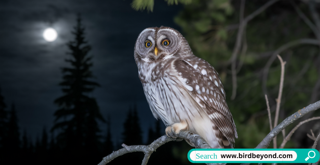 Nocturnal birds like owls and nightjars using silent flight, sharp hearing, and night vision as hunting strategies in the dark