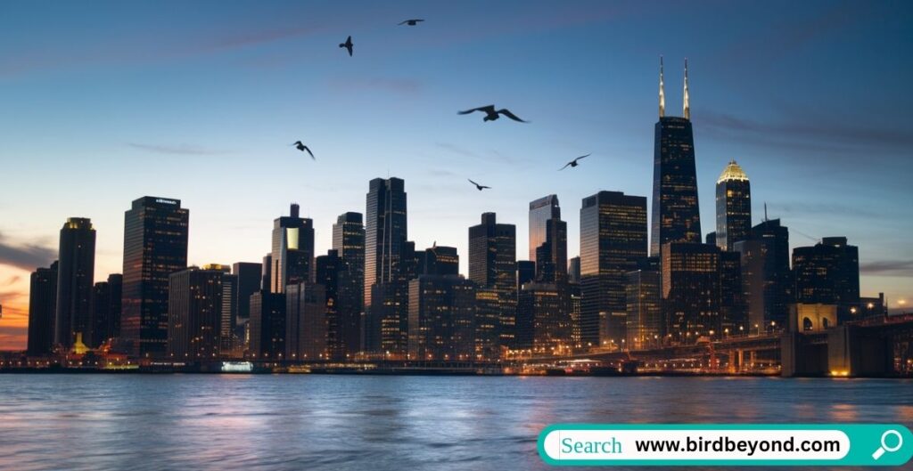 A bird singing under urban city lights, symbolizing the impact of artificial lighting on bird behavior and its cultural meanings worldwide.