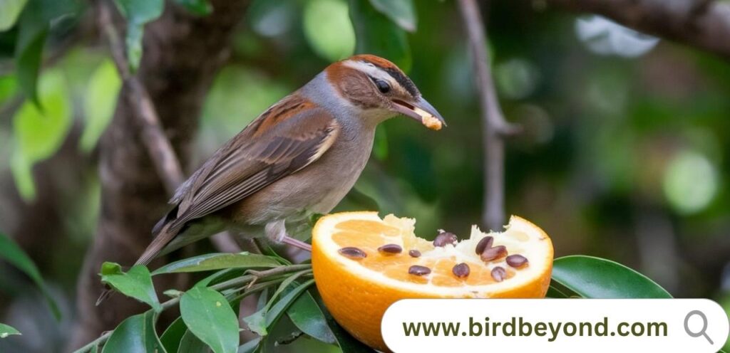 Bright orange halves set out to attract various backyard birds, including orioles and finches.