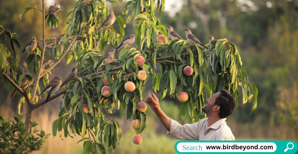 "A bird feeder filled with fresh peach slices in a blooming summer garden