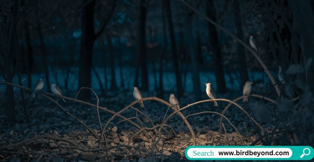 A bird singing on a moonlit night, symbolizing the global cultural meanings and mysteries of nocturnal bird songs.