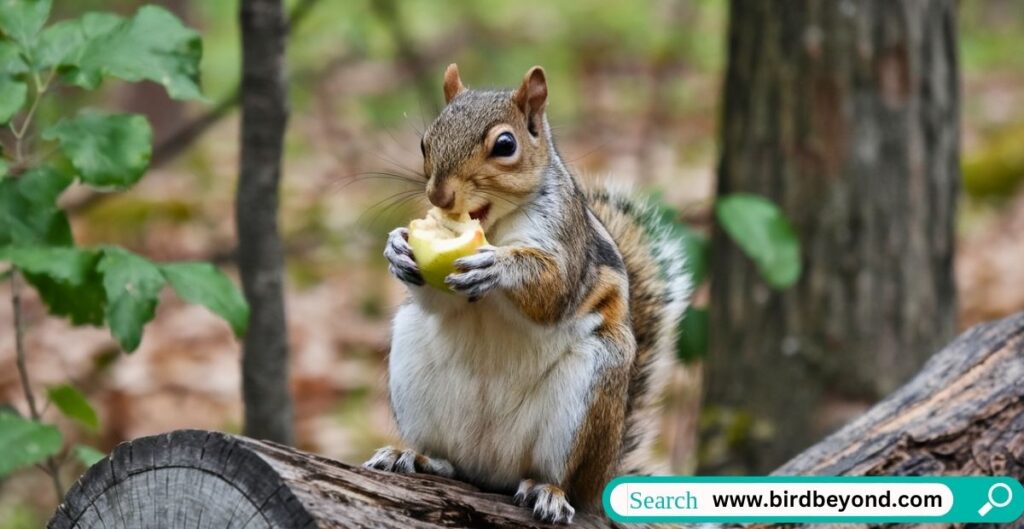 Squirrel nibbling on an apple core, exploring whether apple cores are part of a squirrel’s natural diet and the safety of feeding them to wildlife