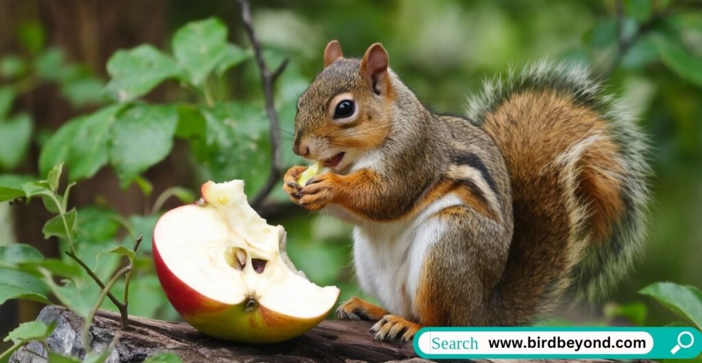 Curious squirrel holding an apple core, exploring whether squirrels can safely eat apple cores and seeds