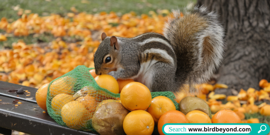 A squirrel cautiously sniffing an orange slice, debating whether to eat the citrus fruit in a natural outdoor environment.