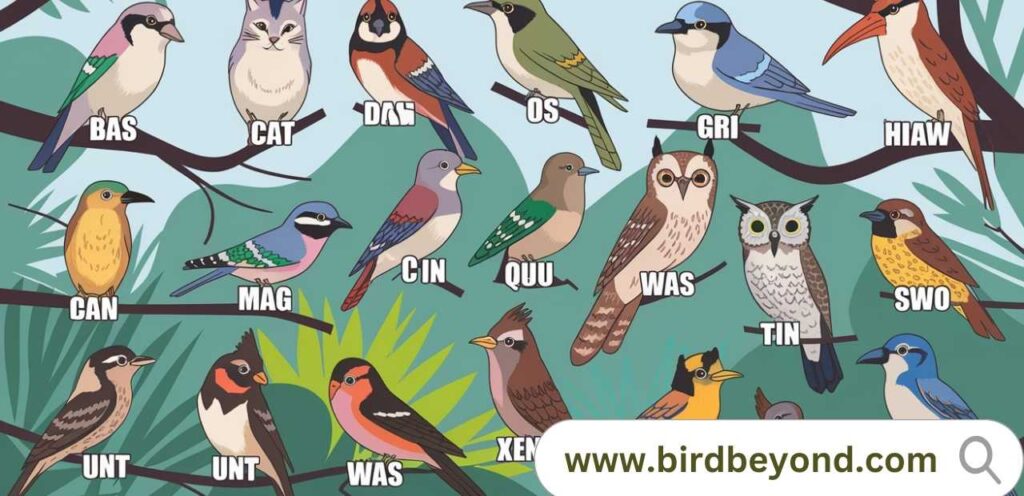 ABCs of three-letter birds like Owl, Emu, and Jay, highlighting their traits and cultural importance.