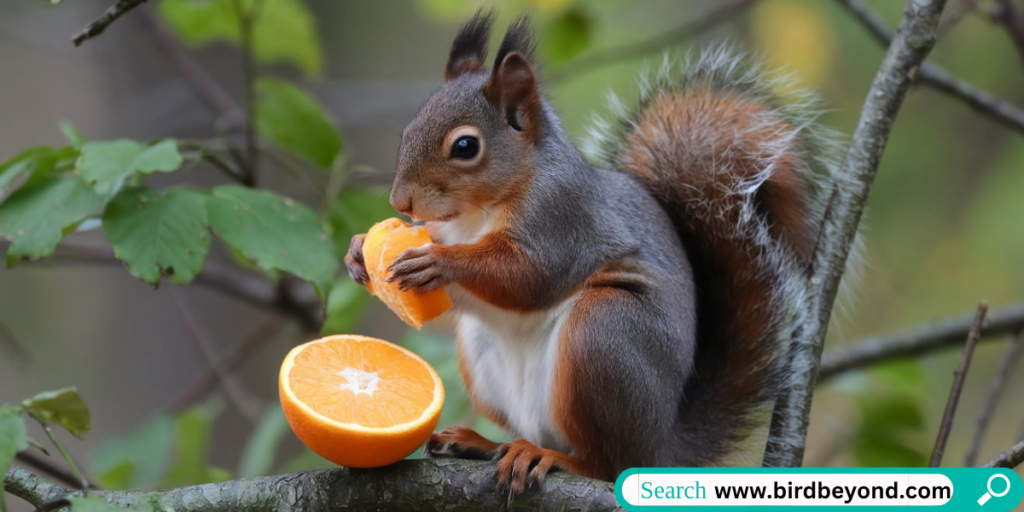 A squirrel holding a slice of orange in its paws, enjoying a bite of the citrus fruit in a garden.