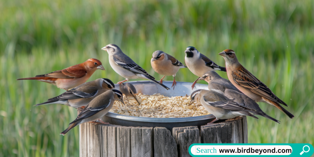 Wild birds foraging for oats and seeds in a natural setting