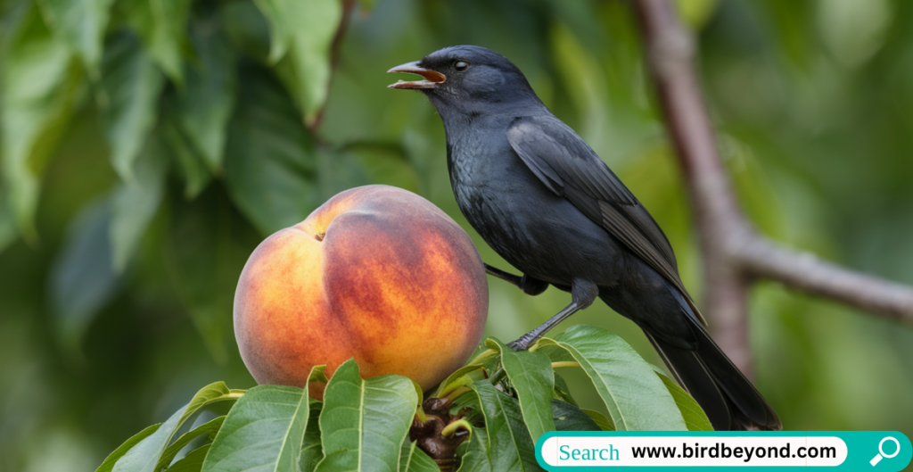 Close-up of a peach sliced in half, showing the juicy flesh and seed, ideal for bird nutrition