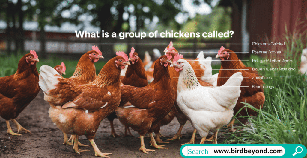 A diverse group of colorful chickens gathered in a farmyard, including Rhode Island Reds and Plymouth Rocks scratching and pecking at the ground