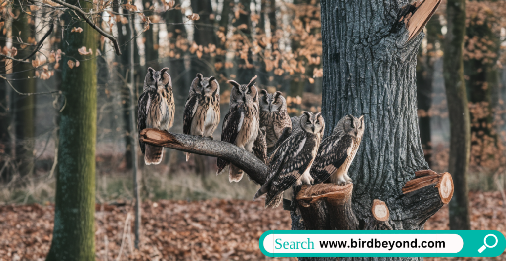 "A group of owls perched on tree branches at dusk, symbolizing the collective noun 'a parliament of owls'.