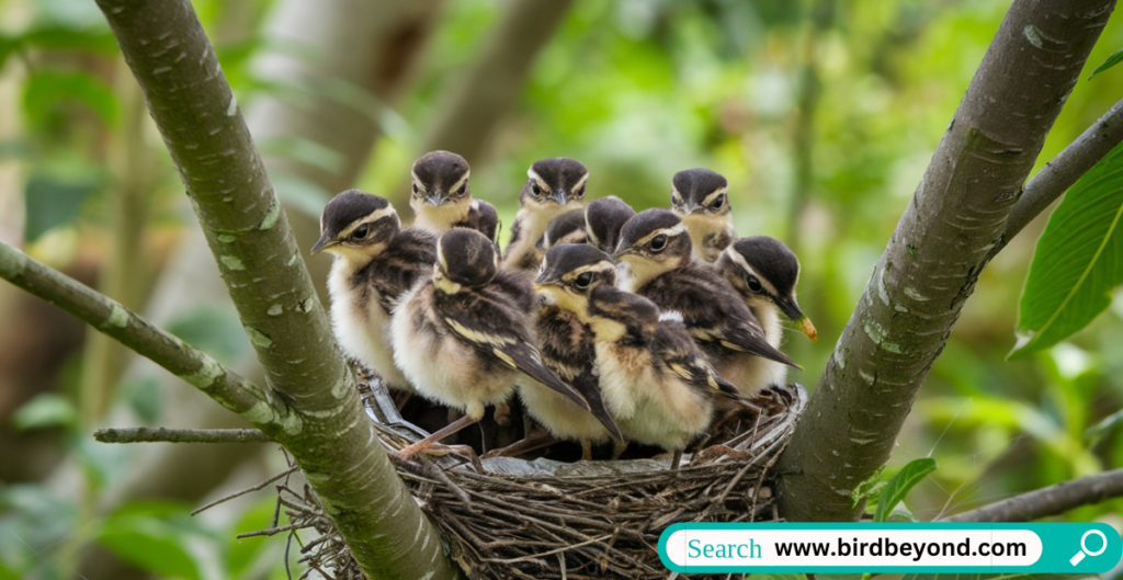 A fluffy baby bird perched on a branch with its mouth open, waiting to be fed.