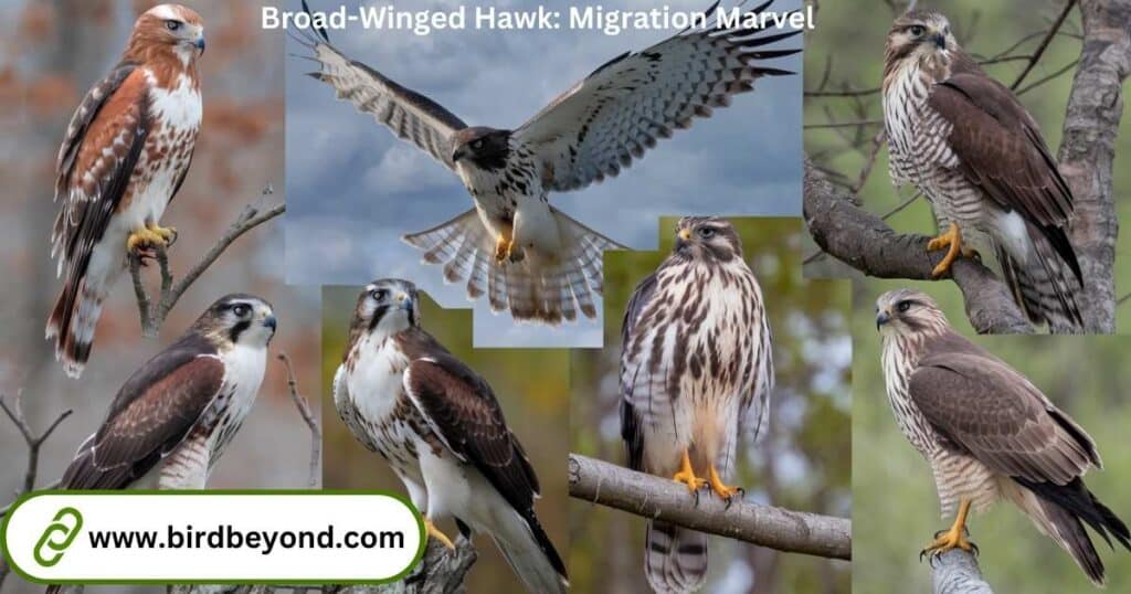 Broad-winged hawk perched on a tree branch with sharp talons and keen eyes, surrounded by vibrant autumn foliage.