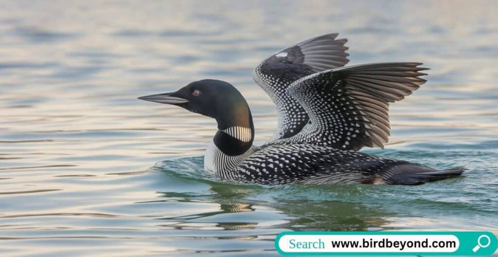 Common loon attempting to walk on land, showcasing its awkward movement due to aquatic adaptations.