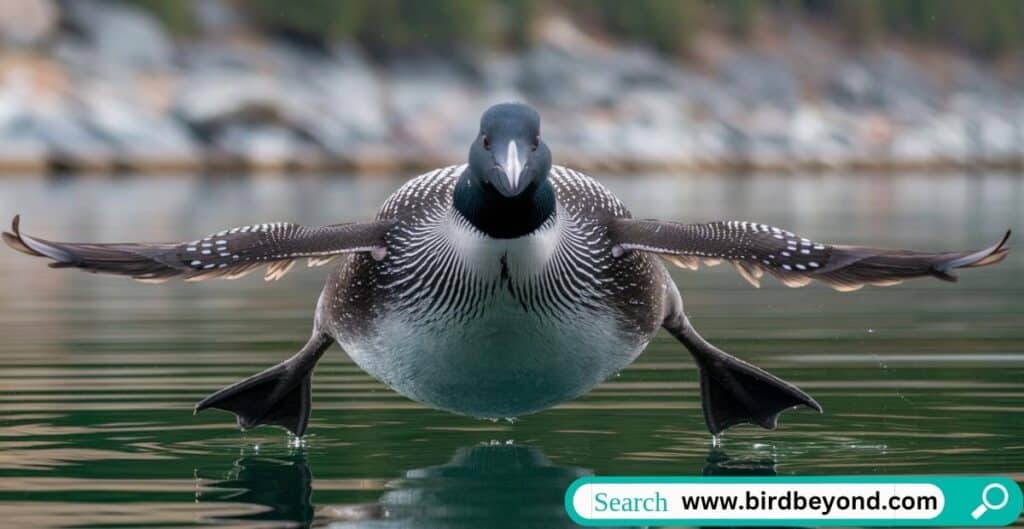 Loon gliding smoothly underwater, displaying powerful webbed feet and streamlined body for efficient swimming and diving.