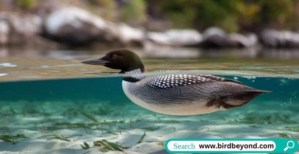 Adult loon swimming gracefully on a lake, showcasing its streamlined body and adaptations for life in aquatic environments.