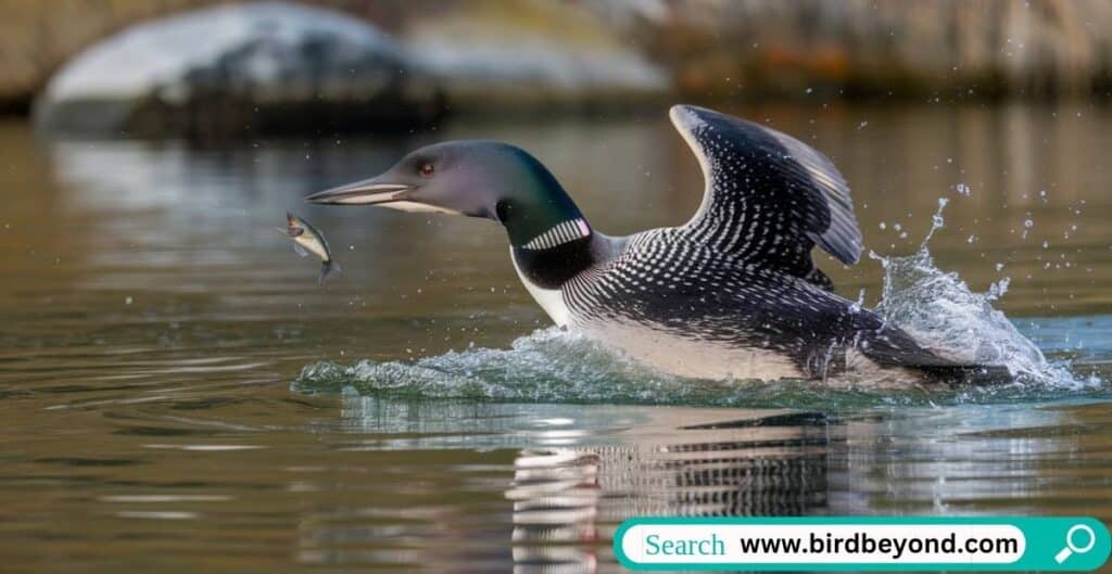 Loon underwater hunting fish, showing its keen eyesight and powerful diving adaptations.